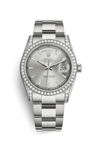 Rolex 118389-0076 : Day-Date 36 White Gold Diamonds / Oyster / Silver