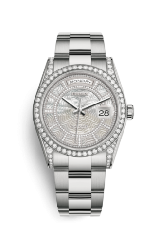 Rolex 118389-0097 : Day-Date 36 White Gold Diamonds / Oyster / MOP Carousel