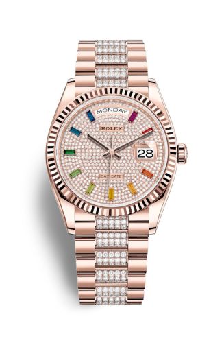 Rolex 128235-0040 : Day-Date 36 Everose Gold / Fluted / Paved-Rainbow / President-Diamond