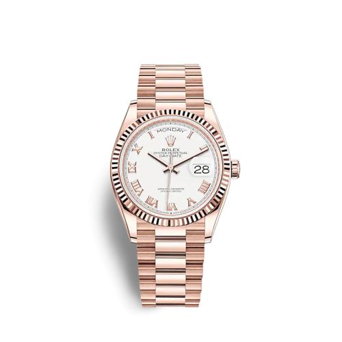Rolex 128235-0052 : Day-Date 36 Everose Gold / Fluted / White - Roman / President
