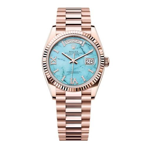 Rolex 128235-0064 : Day-Date 36 Everose Gold - Fluted / Turquoise / President