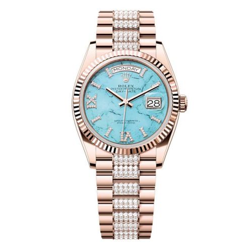 Rolex 128235-0065 : Day-Date 36 Everose Gold - Fluted / Turquoise / President - Diamond