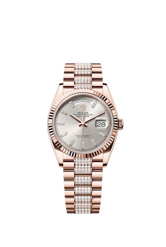 Rolex 128235-0088 : Day-Date 36 Everose Gold - Fluted / Silver - Baguette / President - Diamond