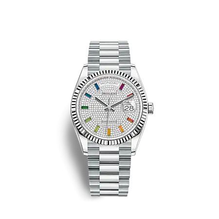 Rolex 128236-0003 : Day-Date 36 Platinum - Fluted / Paved - Rainbow / President
