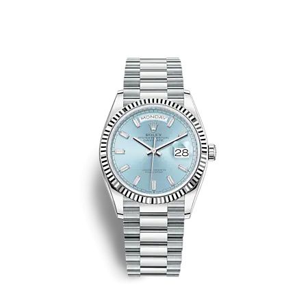 Rolex 128236-0009 : Day-Date 36 Platinum - Fluted / Ice Blue - Baguette / President
