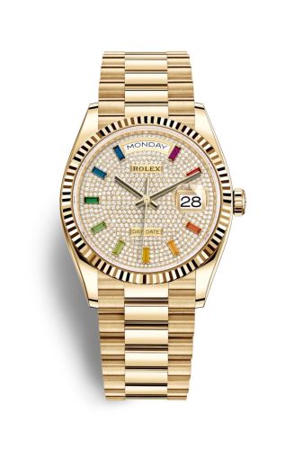 Rolex 128238-0051 : Day-Date 36 Yellow Gold / Fluted / Paved-Rainbow / President