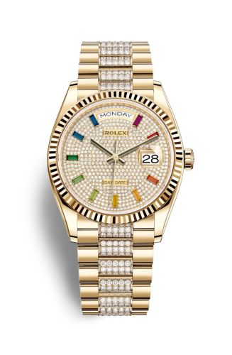Rolex 128238-0052 : Day-Date 36 Yellow Gold / Fluted / Paved-Rainbow / President-Diamond