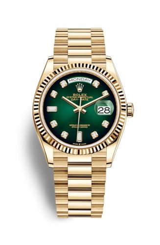 Rolex 128238-0069 : Day-Date 36 Yellow Gold / Fluted / Green Ombré-Diamond / President