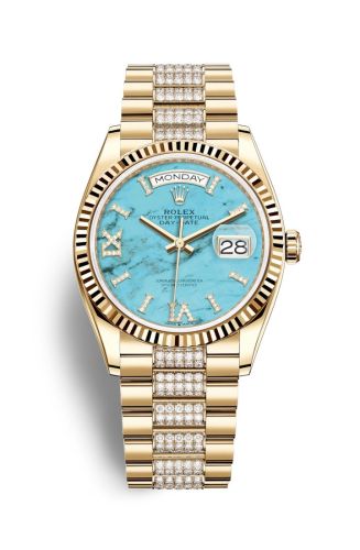 Rolex 128238-0072 : Day-Date 36 Yellow Gold / Fluted / Turquoise / President-Diamond