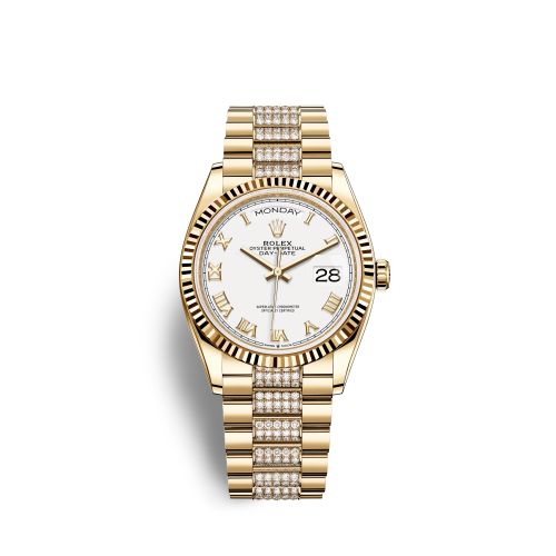 Rolex 128238-0077 : Day-Date 36 Yellow Gold / Fluted / White - Roman / President - Diamond