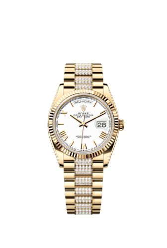 Rolex 128238-0114 : Day-Date 36 Yellow Gold / Fluted / White - Roman / President - Diamond