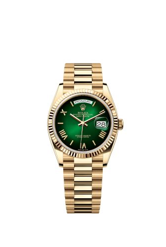 Rolex 128238-0118 : Day-Date 36 Yellow Gold - Fluted / Green Ombré - Roman / President