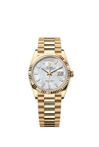 Rolex 128238-0123 : Day-Date 36 Yellow Gold / Fluted / MOP - Baguette / President