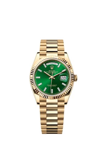 Rolex 128238-0130 : Day-Date 36 Yellow Gold / Fluted / Bright Green - Baguette / President