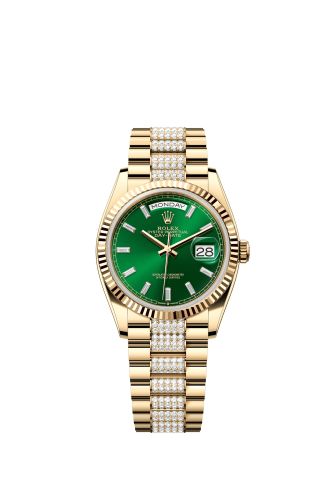 Rolex 128238-0131 : Day-Date 36 Yellow Gold - Fluted / Bright Green - Baguette / President - Diamond