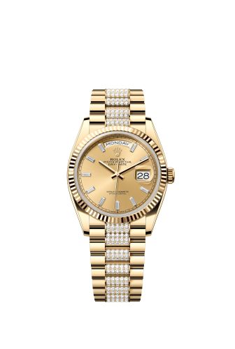 Rolex 128238-0133 : Day-Date 36 Yellow Gold / Fluted / Champagne - Baguette / President - Diamond