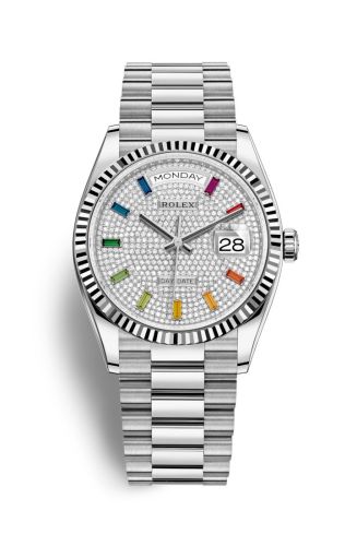 Rolex 128239-0019 : Day-Date 36 White Gold / Fluted / Paved-Rainbow / President