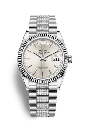 Rolex 128239-0025 : Day-Date 36 White Gold / Fluted / Silver / President-Diamond