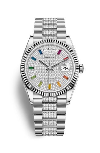 Rolex 128239-0027 : Day-Date 36 White Gold / Fluted / Paved-Rainbow / President-Diamond