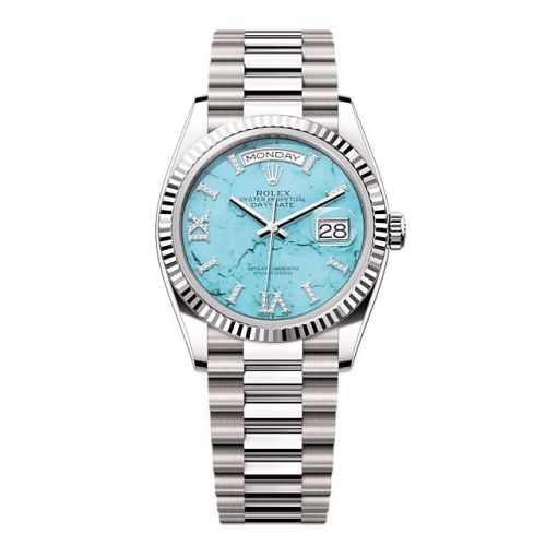 Rolex 128239-0044 : Day-Date 36 White Gold - Fluted / Turquoise / President