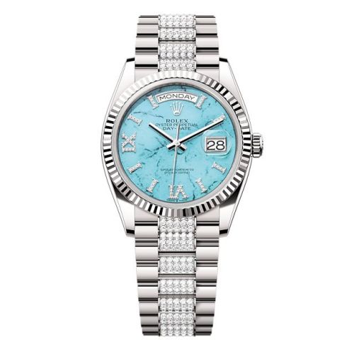 Rolex 128239-0045 : Day-Date 36 White Gold - Fluted / Turquoise / President - Diamond