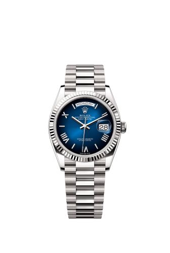 Rolex 128239-0063 : Day-Date 36 White Gold - Fluted / Blue Ombré - Roman / President