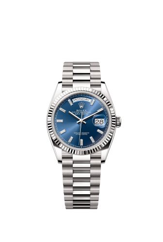 Rolex 128239-0069 : Day-Date 36 White Gold - Fluted / Bright Blue - Baguette / President
