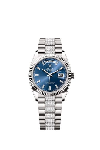 Rolex 128239-0070 : Day-Date 36 White Gold - Fluted / Bright Blue - Baguette / President - Diamond