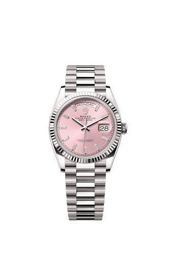 Rolex 128239-0071 : Day-Date 36 White Gold - Fluted / Pink - Baguette / President