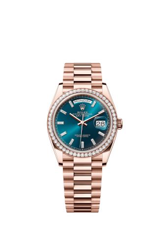 Rolex 128345RBR-0083 : Day-Date 36 Everose Gold - Diamond / Blue-Green - Baguette / President