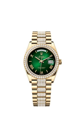 Rolex 128348RBR-0069 : Day-Date 36 Yellow Gold Diamond / Green - Ombré / President - Diamond