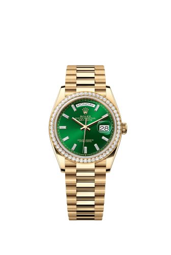 Rolex 128348RBR-0078 : Day-Date 36 Yellow Gold - Diamond / Bright Green - Baguette / President