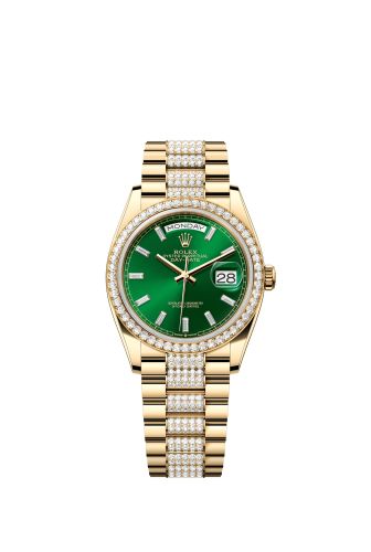 Rolex 128348RBR-0079 : Day-Date 36 Yellow Gold - Diamond / Bright Green - Baguette / President - Diamond