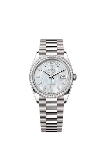 Rolex 128349RBR-0049 : Day-Date 36 White Gold - Diamond / MOP - Baguette / President