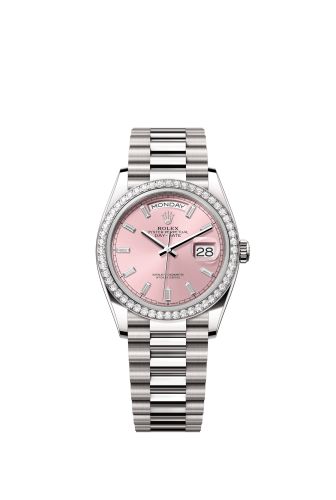 Rolex 128349RBR-0053 : Day-Date 36 White Gold - Diamond / Pink - Baguette / President