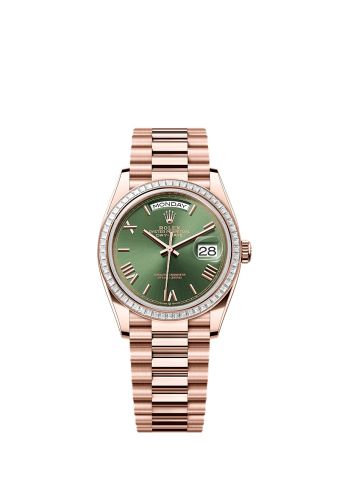 Rolex 128395TBR-0033 : Day-Date 36 Everose Gold - Baguette / Green - Roman  / President