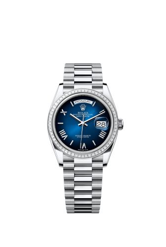 Rolex 128396TBR-0021 : Day-Date 36 Platinum - Baguette / Blue Ombré - Roman / President