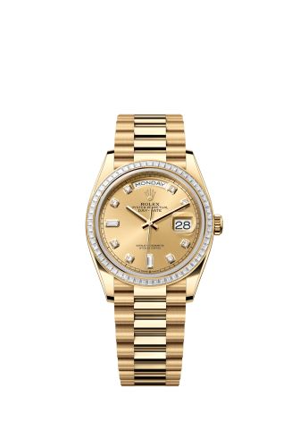 Rolex 128398TBR-0002 : Day-Date 36 Yellow Gold - Baguette / Champagne - Diamond / President