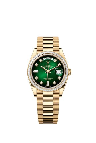 Rolex 128398TBR-0008 : Day-Date 36 Yellow Gold - Baguette / Green Ombré - Diamond/ President