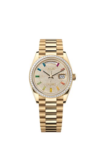 Rolex 128398TBR-0012 : Day-Date 36 Yellow Gold - Baguette / Paved - Rainbow / President