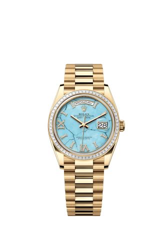 Rolex 128398TBR-0014 : Day-Date 36 Yellow Gold - Baguette / Turquoise / President