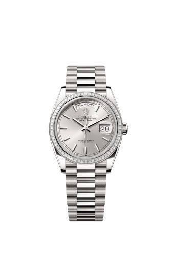 Rolex 128399TBR-0001 : Day-Date 36 White Gold - Baguette / Silver / President