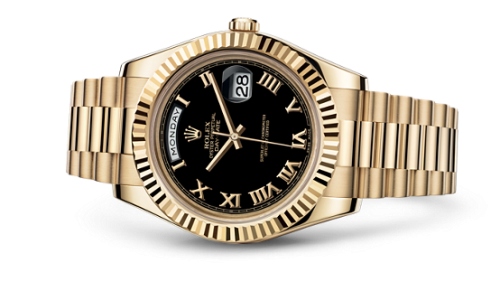 Rolex 218238-0041 : Day-Date II Yellow Gold Fluted Black Roman