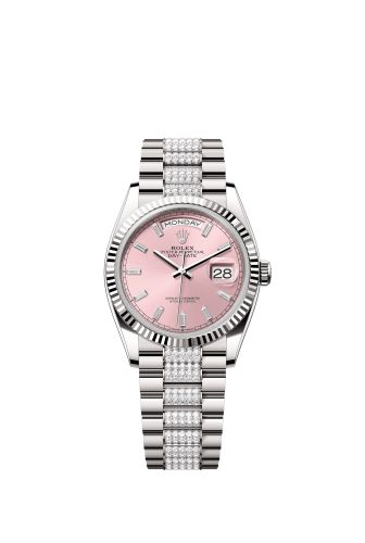 Rolex 28239-0072 : Day-Date 36 White Gold - Fluted / Pink - Baguette / President - Diamond