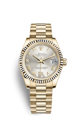 Rolex 178278-0121 : Datejust 31 Yellow Gold Fluted / President / Silver Roman