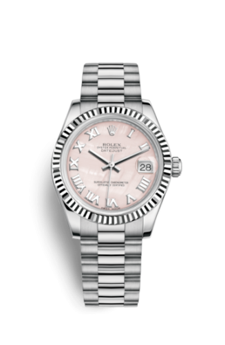 Rolex 178279-0058 : Datejust 31 White Gold Fluted / President / Pink MOP Roman