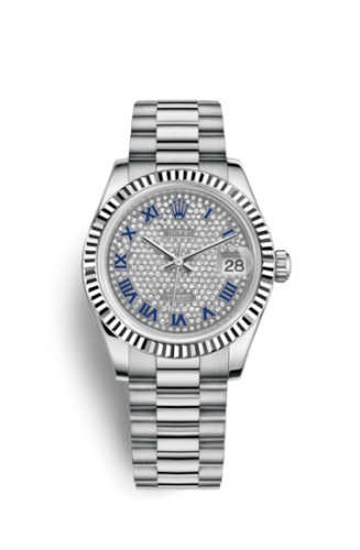 Rolex 178279-0078 : Datejust 31 White Gold Fluted / President / Paved Roman