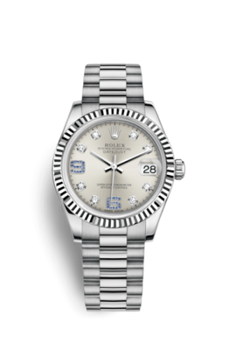 Rolex 178279-0080 : Datejust 31 White Gold Fluted / President / Silver Diamonds & Sapphires