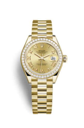 Rolex 279138rbr-0021 : Lady-Datejust 28 Yellow Gold Diamond / President / Champagne Roman