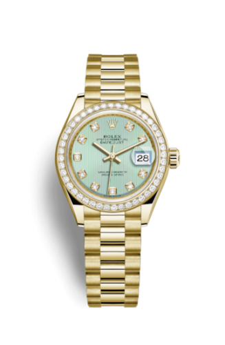 Rolex 279138rbr-0025 : Lady-Datejust 28 Yellow Gold Diamond / President / Green Diamond
